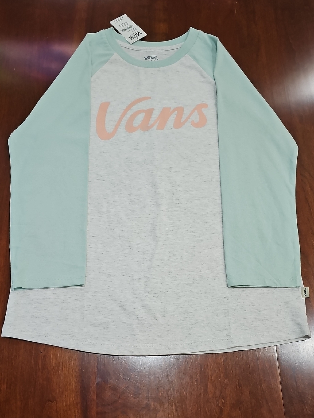 Vans Long Sleeve Raglan Tee in Mint and Heather Gray with Peach Logo